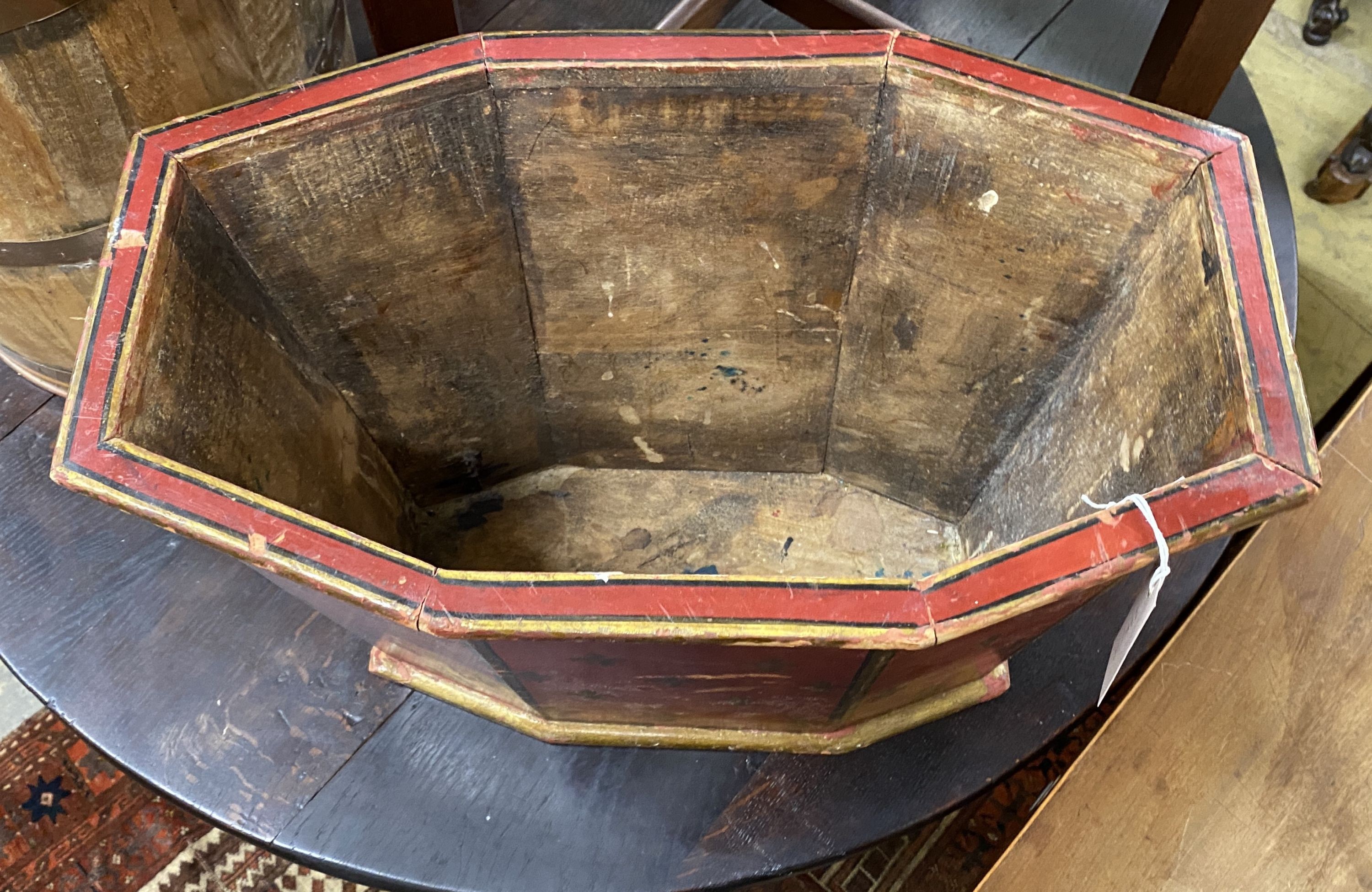 A painted wood octagonal waste paper bin, width 49cm, depth 29cm, height 35cm